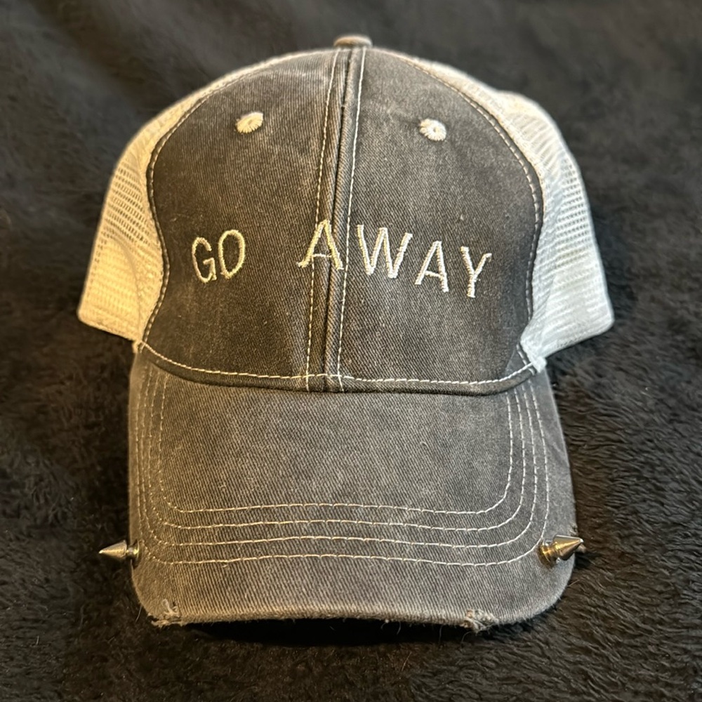 Custom trucker cap with white mesh back and go away decal.